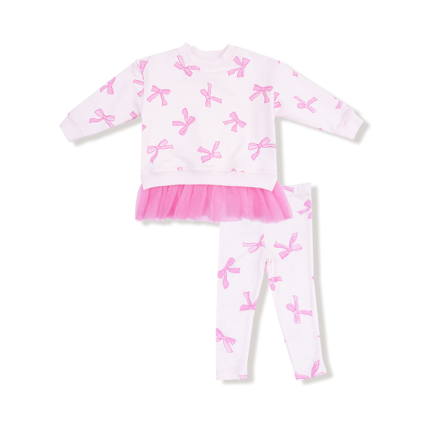 French Terry - Pretty Bows - Sweatshirt W/ Tulle Ruffle And Ribbed Legging