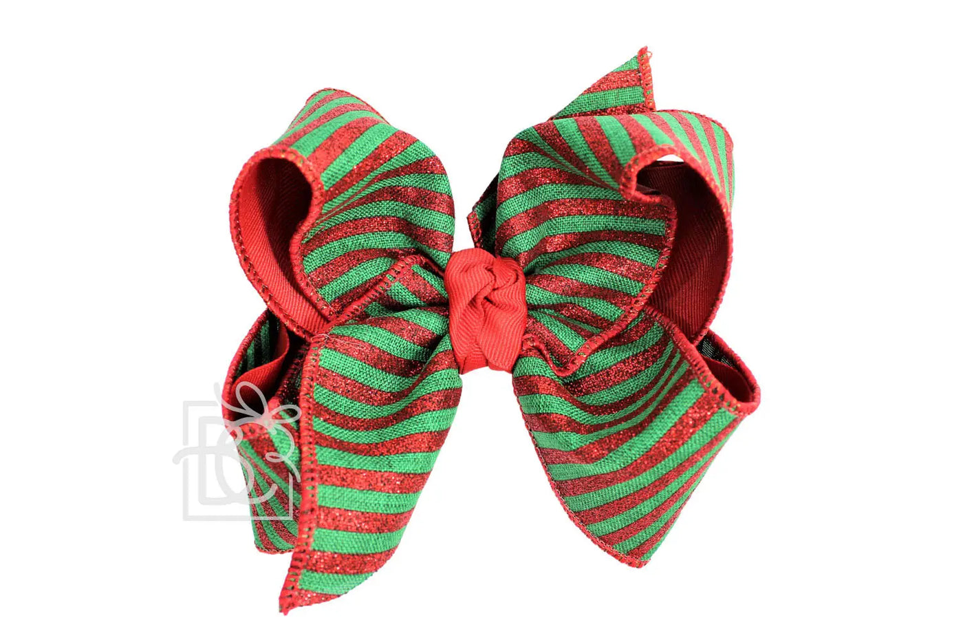 Layered Christmas Ribbon Bow on Clip  5.5" Huge - 2.25" Ribbons on Alligator Clip, RED/EMERALD STRIPES