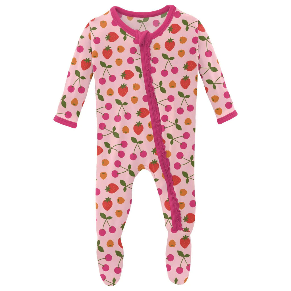 Print Muffin Ruffle Footie With Zipper in Lotus Berries