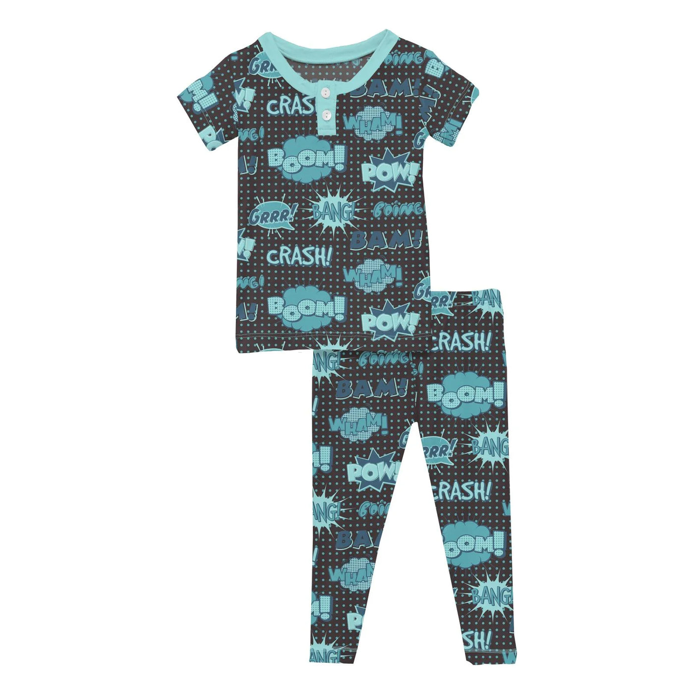 Print Short Sleeve Henley Pajama Set in Midnight Comic Onomatopoeia