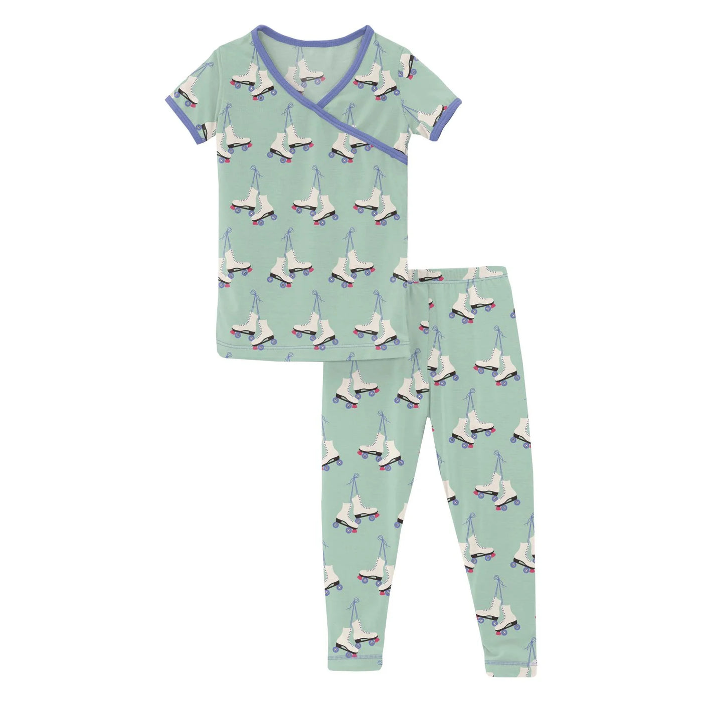 Print Short Sleeve Kimono Pajama Set in Pistachio Roller Skates