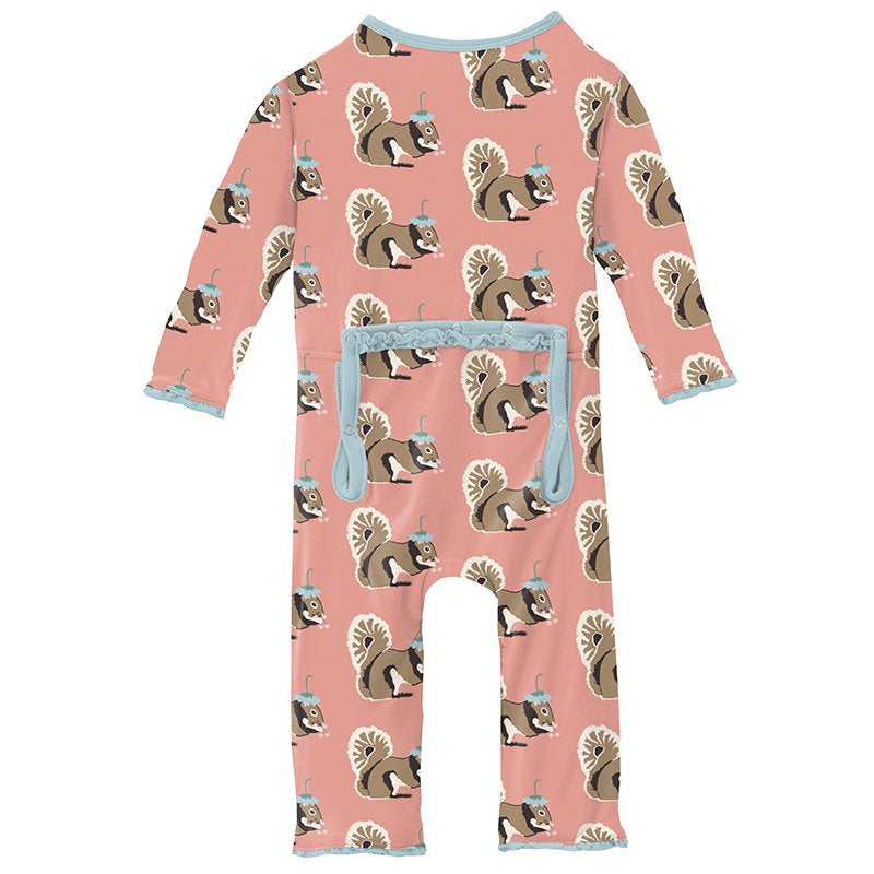 Print Muffin Coverall with Zipper in Blush Squirrel with Flower Hat