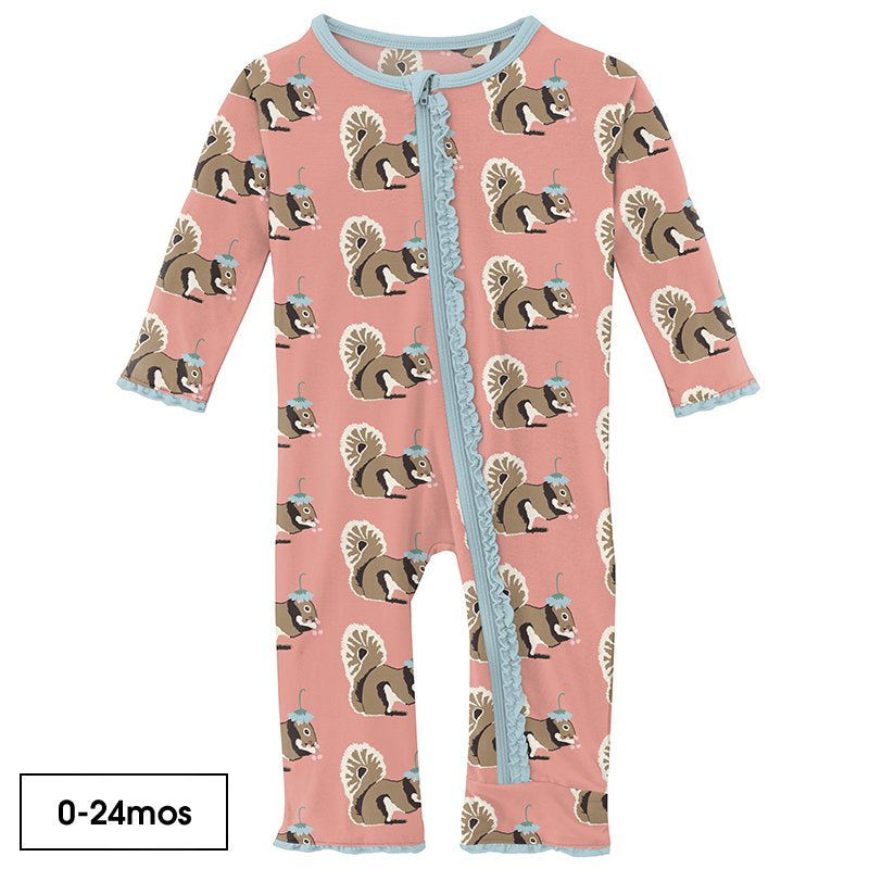 Print Muffin Coverall with Zipper in Blush Squirrel with Flower Hat