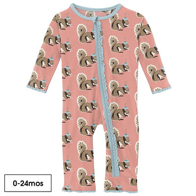 Print Muffin Coverall with Zipper in Blush Squirrel with Flower Hat