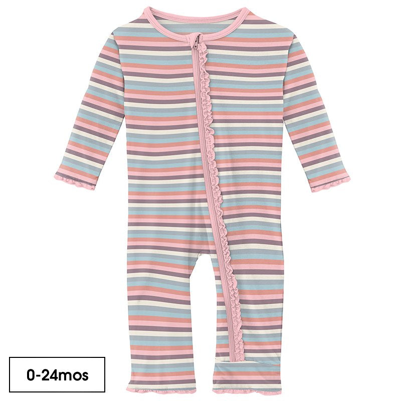 Print Muffin Ruffle Coverall with Zipper in Spring Bloom Stripe