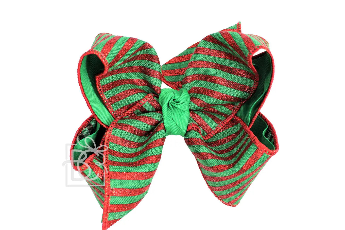 Layered Christmas Ribbon Bow on Clip  5.5" Huge - 2.25" Ribbons on Alligator Clip, EMERALD/RED STRIPES