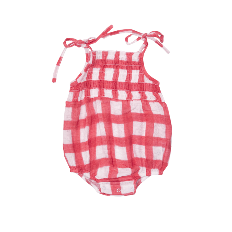 PAINTED GINGHAM RED Tie Strap Smocked Bubble