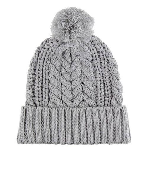 Gray Cable Knit Pom Beanie