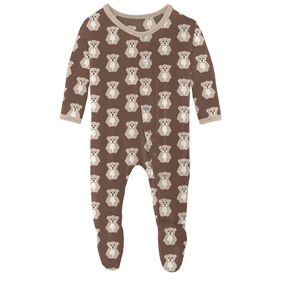 Print Footie with Zipper - Cocoa Teddy Bear